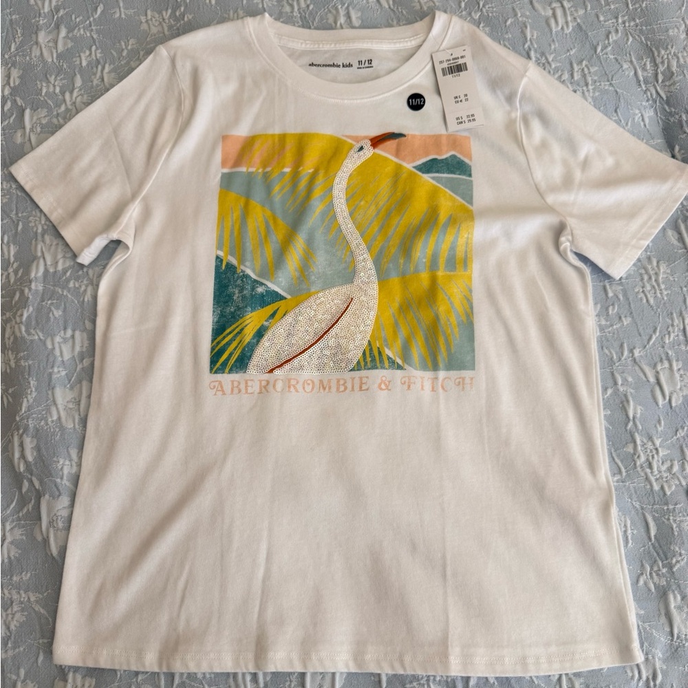 abercrombie kids White Tee with Yellow & Teal Tropical Crane Graphic